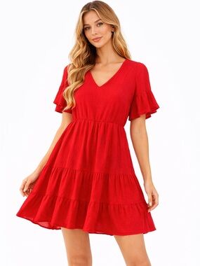 Fancyinn Red Babydoll Dress Tiered Flutter Sleeve V Neck Medium
